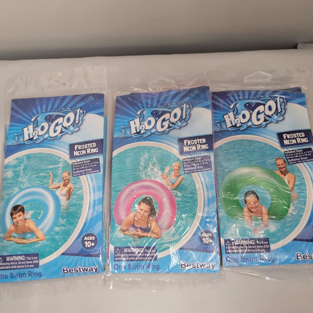 3 Frosted Neon Swim Rings By Bestway H2O Go! - 1 Blue, 1 Pink, 1 Green